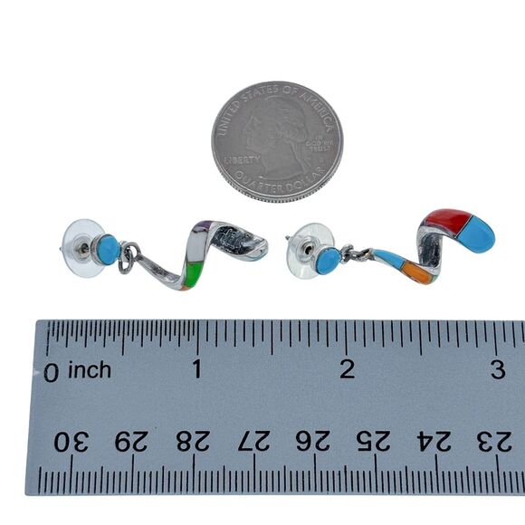 Vintage PJ Sterling Silver 925 Multi Stone Inlay Spiral Dangle Post Earrings - Picture 9 of 9